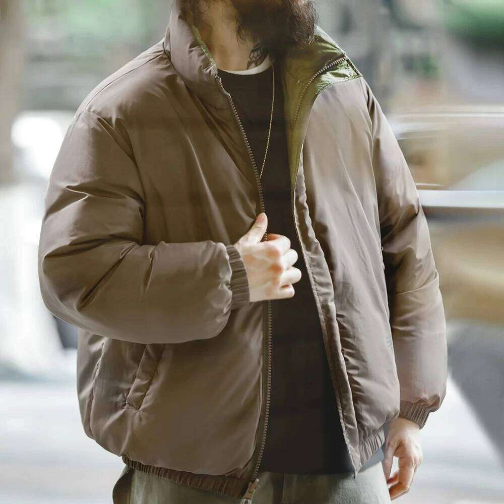 Maden Winter Reversible for Men White Duck Down Filling Versatile Stand-up Collar Warm Coat Mens Solid Color Jacket