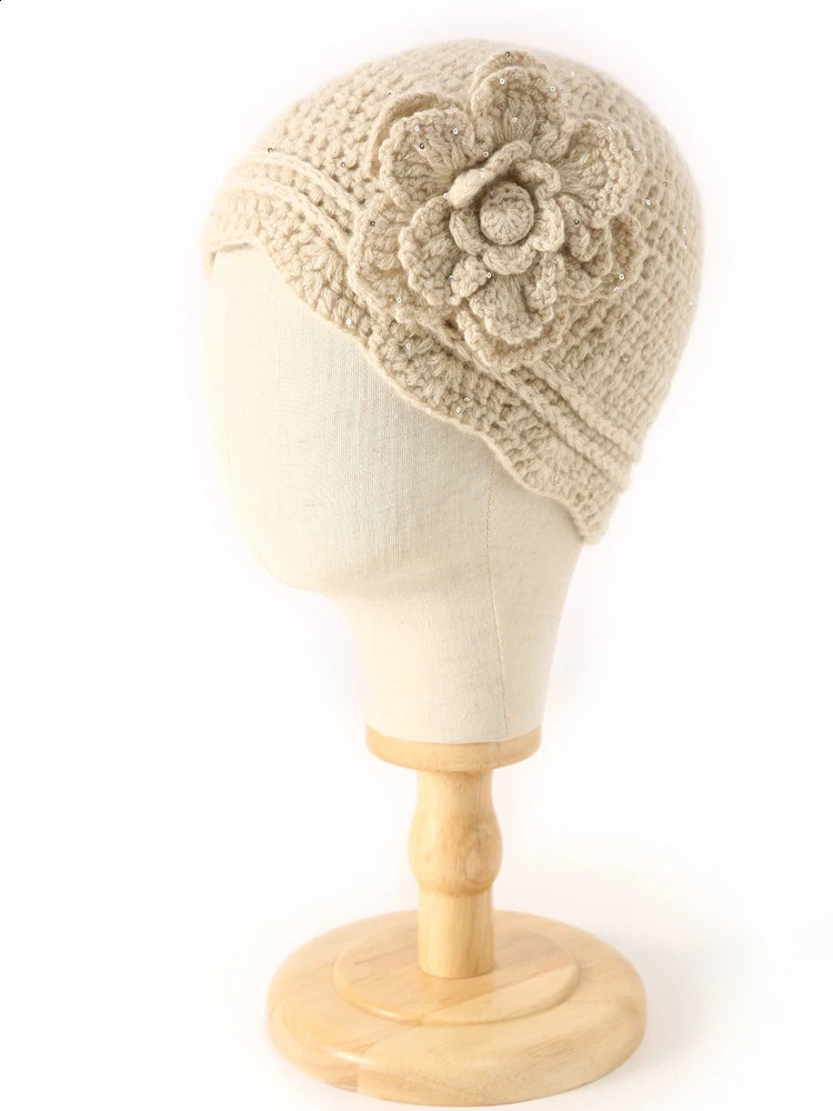 100 Cashmere Handmade Openwork Beanie Hat with Sequin Women Hand Crochet Flower Casual Hat Warm Soft Elegant Lady Knit Cap 250805