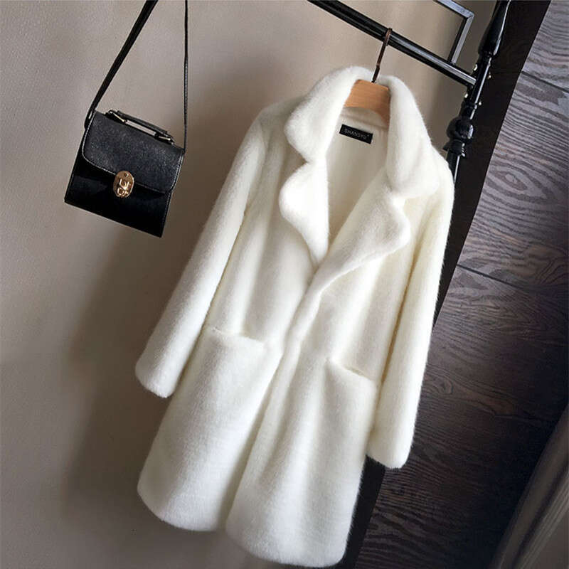 Autumn and winter new solid color imitation fur sheepskin medium long mink coat women's outerwear