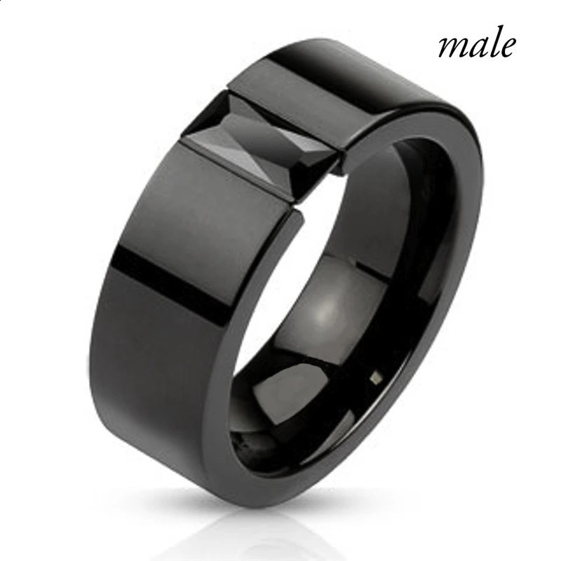 Fashion Couple Jewelry Lovers Rings Black Zircon Engagement Ring Set Mens Stainless Steel Wedding Band Anniversary Gift 250805