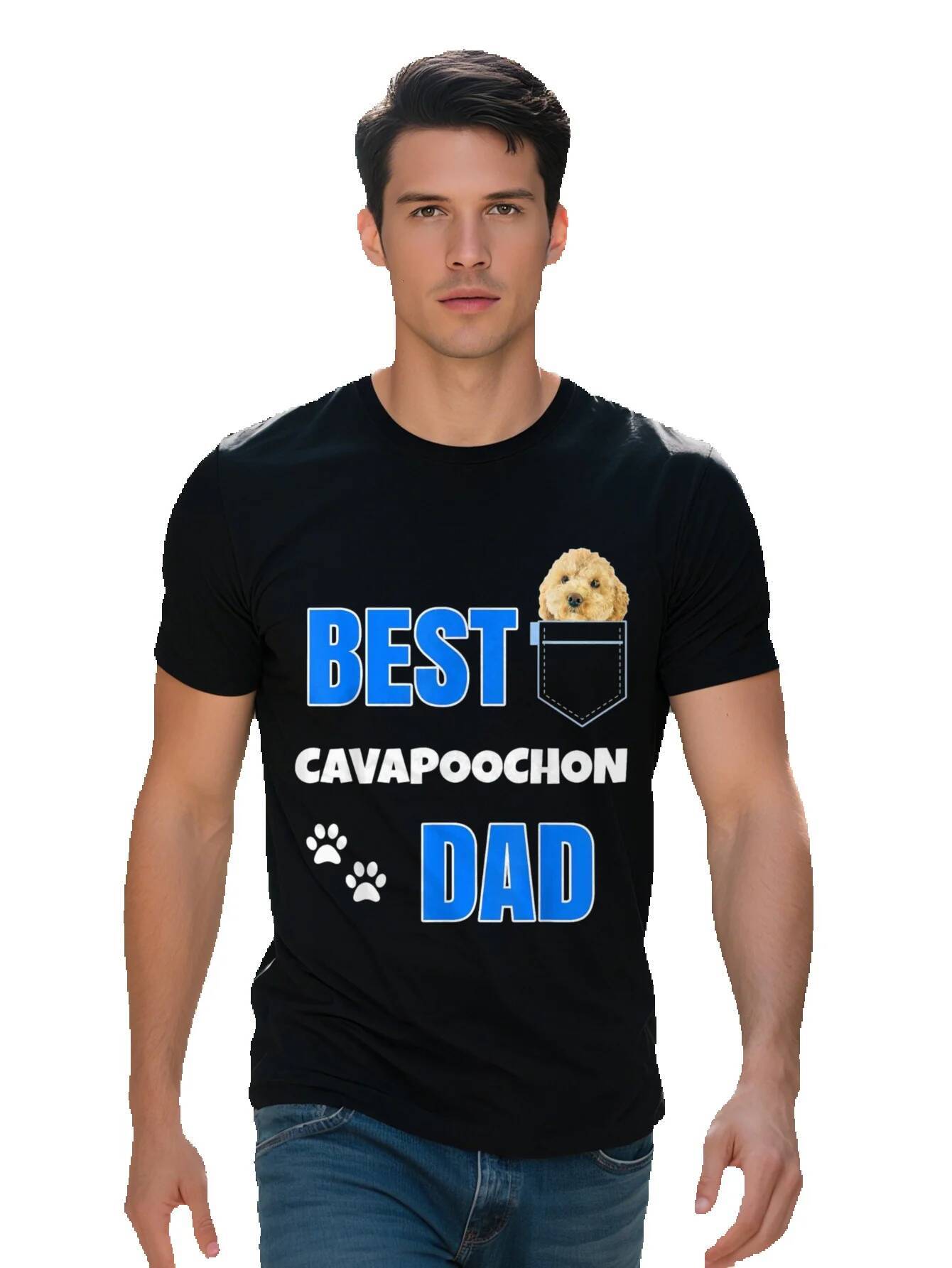Men's T-shirt Cotton Cavapoochon with Pocket Puppy Dog Lover Cute Best Poodle Dad T Shirt