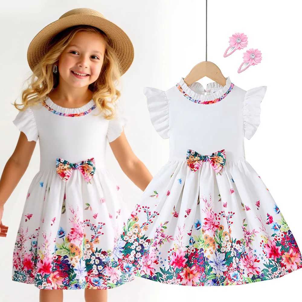 New Kids Girl Dress Summer Floral With Bow Fashion White Vestidos Short Sleeve Children Clothing Outfits Casual Daily Dresses W250811