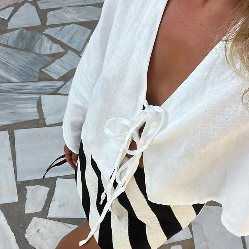 ALOBEE Loose Lace Up Bow Shirt Women Elegant V Neck Long Flare Sleeve Lady Spring Summer Simple High Street Female Tops 250809