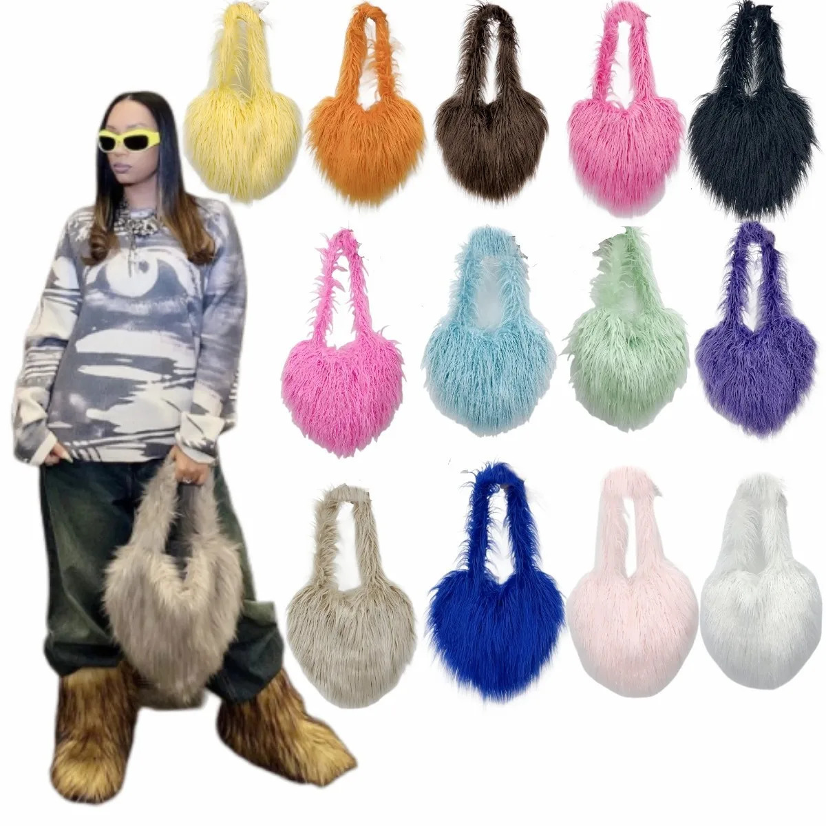 Custom Handbags Bags Zippered Tote bag Faux Fur Winter Womens Handbag Cute Plush HeartShaped Bag 250811