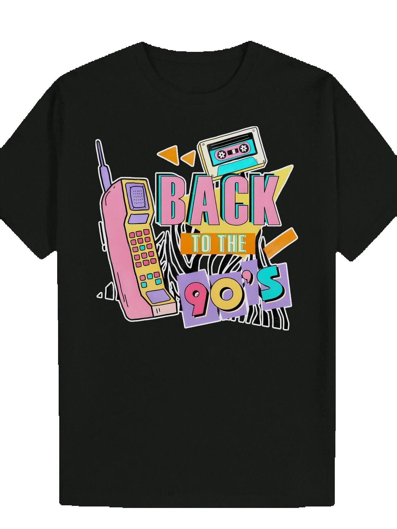 Men's 90s Pattern - Black Casual Short Sleeve Crew Neck T-Shirt with Bold 'BACK ON THE 90s' Lettering and Tape Design, 100% Polyester, 