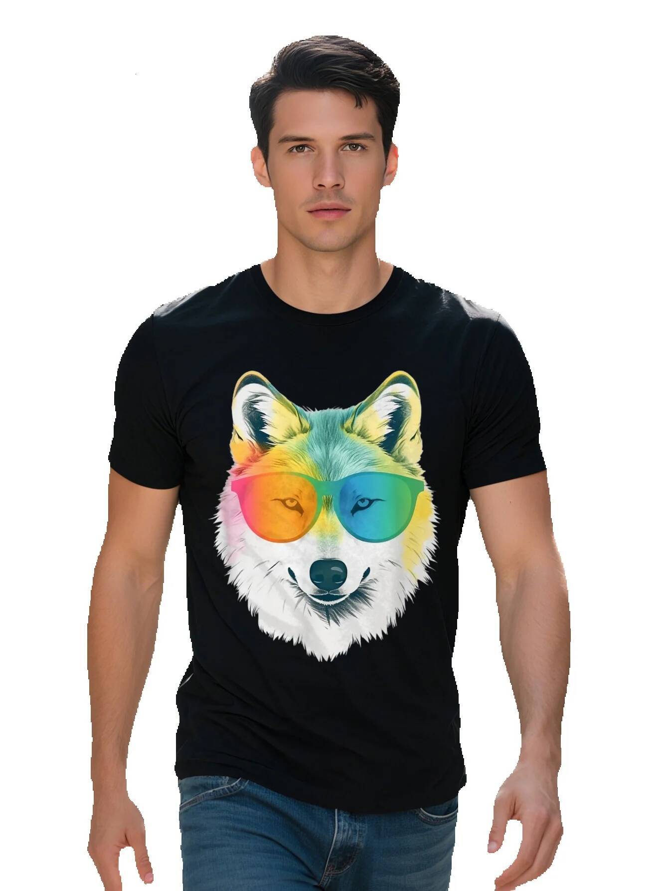 Men s White in Rainbow Glasses Graphic T-Shirt Cotton Black Casual Tee with Vibrant Wolf Design Short Sleeve 6abab 610d9