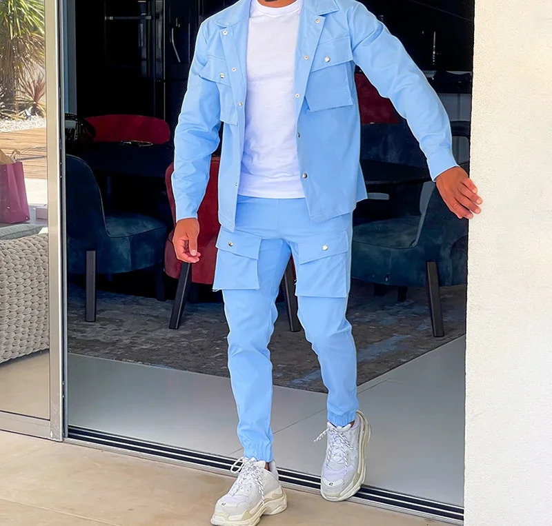 Autumn Sets for Men Clothes Fashion Versatile Casual Tailored Collar Solid Long Sleeved Jacket Sweat Cargo Pants Suit Y2k 250811