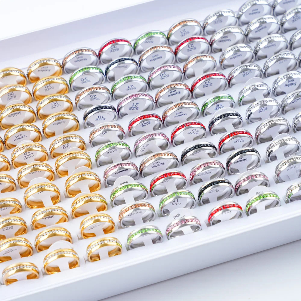 36pcs/Lot Multicolor Rhinestone Stainless Steel Silver Gold Color Rings For Women Men Mix Style Fashion Wedding Jewelry Party 250807