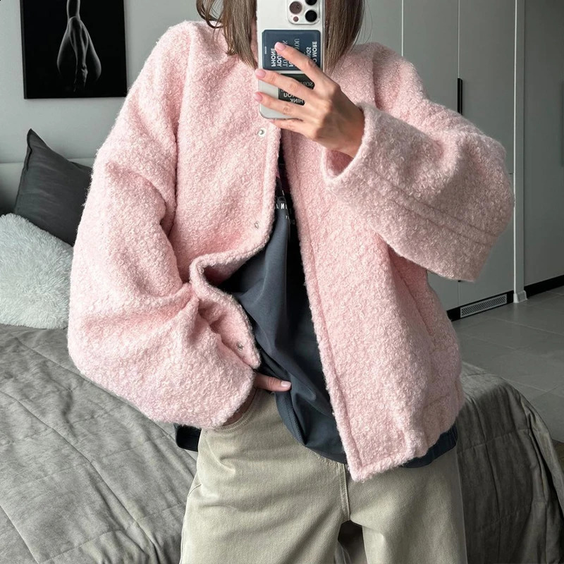 BKLD Casual Fashion Style Womens Pink Fleece Thick Warm Jackets Simple Elegant Stand Collar Long Sleeve Pockets Loose Fit Coats 250805