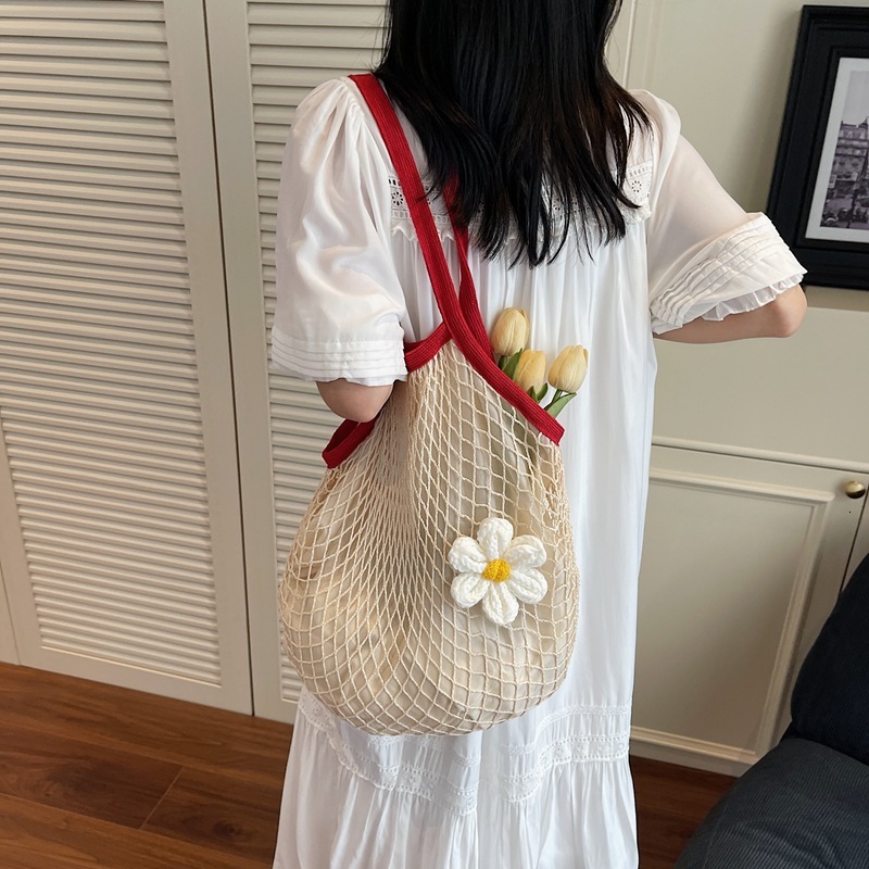 Woven Handbag Pure Canvas Market Shopping All Cotton Mesh Pouch Shoulder Lightweight Bag ddmymoon