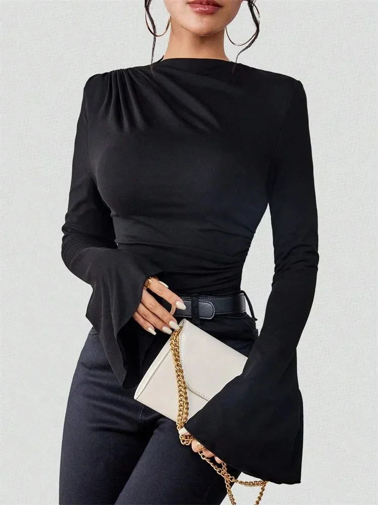 Women Flare Long Sleeve Pleated Mock Neck Blouse Top Autumn Winter Solid Color Ruched Tee Shirt streetwear 250811