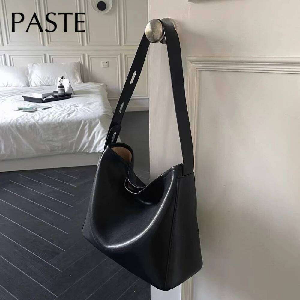 New Simple Glossy Oil Wax Cowhide Leather Women Armpit Shoulder Bag Adjustable Handle Long-handle Travel Handbag Large