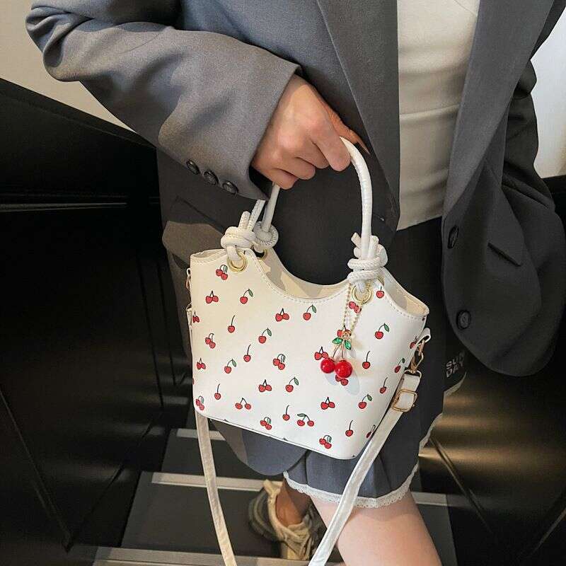 designer leisure Design 2025 New Trendy Fashion Cherry Print Crossbody Bucket Color-Block Texture Shoulder Bag