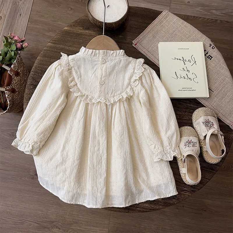 Autumn Korean Kids Baby Girls Dresses Flower Lace Long Sleeve Dress For 1-8 Years Old Girls Cotton Solid Children Girls Princess Dresses W250811