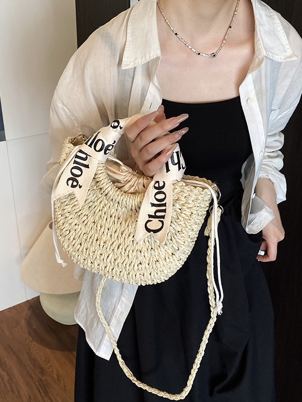 2025 New Design Woven Bag for Women - Fashionable Lettered Straps - Handheld Woven Shoulder Bag for Beach Vacation and Sand Beach Use