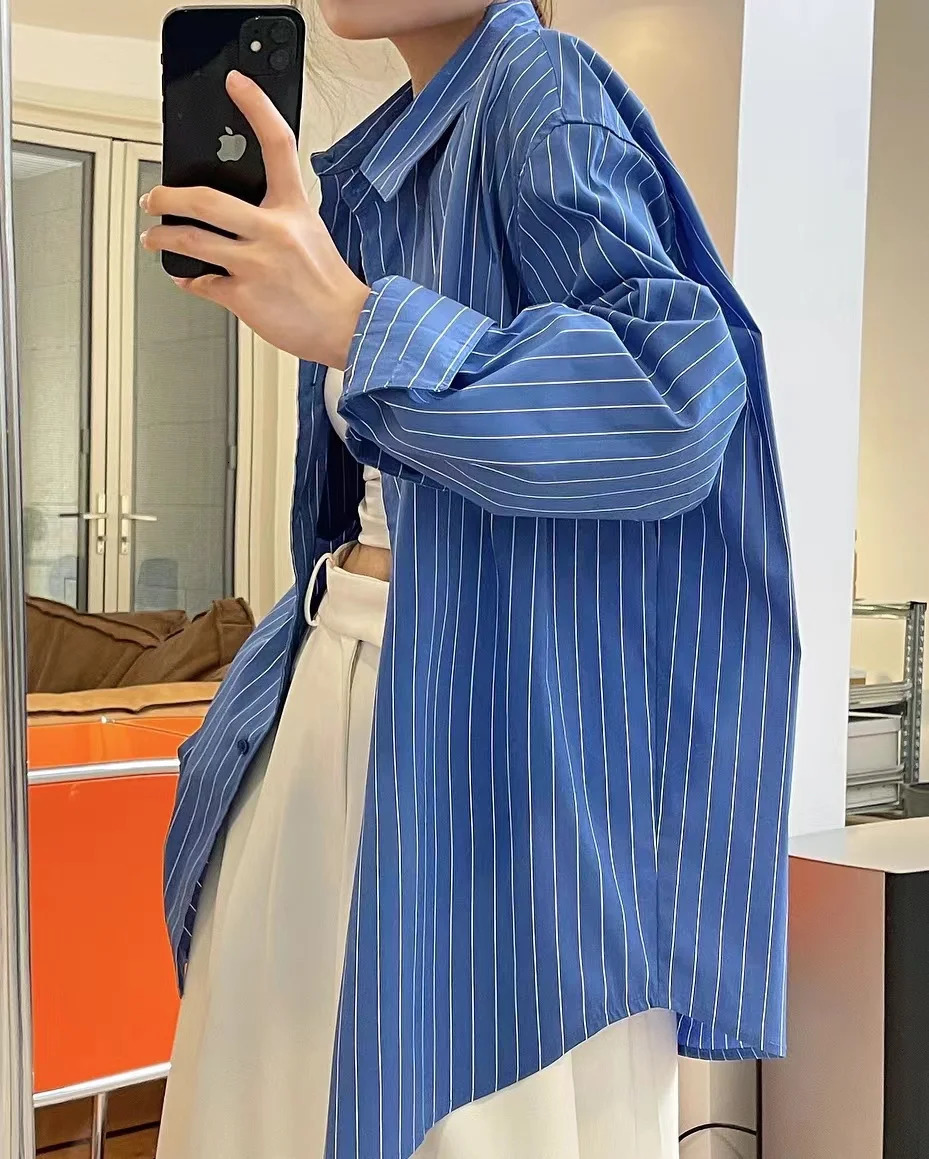 SpringSummer Womens Striped Polo Neck Long Sleeve Pocket Decoration Loose Shirt 250811