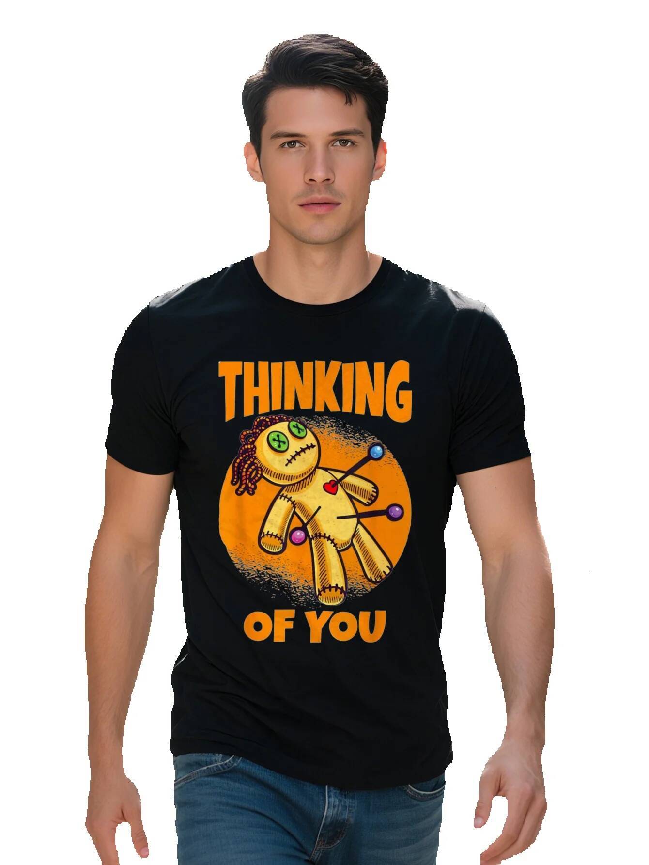 Men s Voodoo Doll Graphic T Shirt Cotton Short Sleeve Funny Thinking of You Design with Colorful Lights e165d