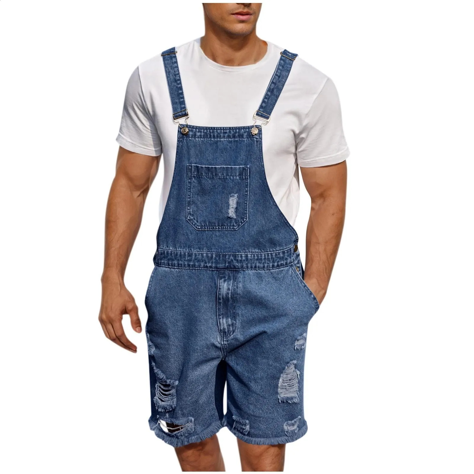 Summer Mens Vintage Jeans Overalls Elastic Denim Jumpsuit With Pockets Men Casual Button Suspenders Short Pants 250729