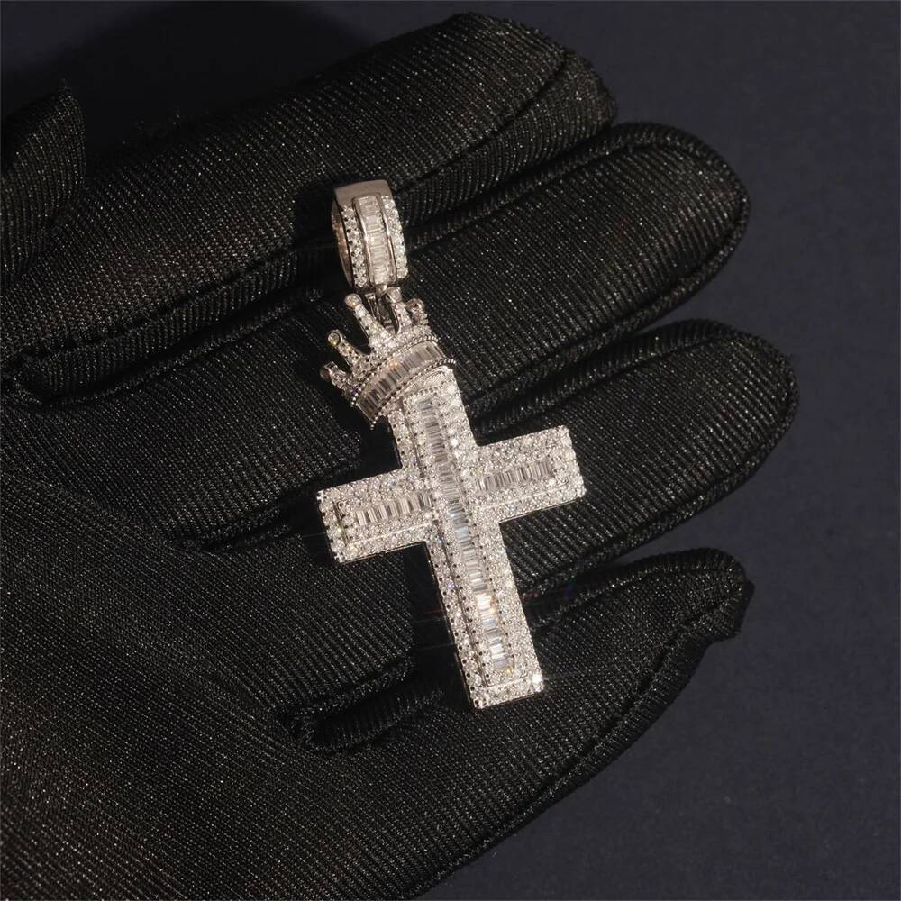 Moissminer VVS Moissanite Crown Cross Pendant Necklaces For Men Women Pass Tester S925 Silver Chain Hip Hop Jewelry With GRA