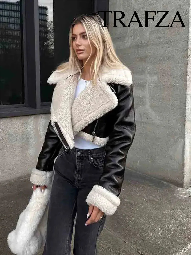 TRAFZA Womens Winter Warm Thick Lapel Lamb Wool Jacket Fashion Solid Color Zipper Jacket Womens Retro Lapel Long Sleeve Jacket 250804
