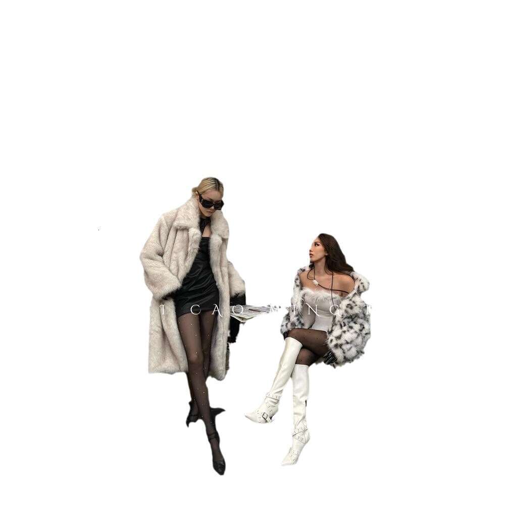 Best-selling fox-like fur coat for women, thickened eco-friendly fur, long leopard print suit collar fur coat, European and American style