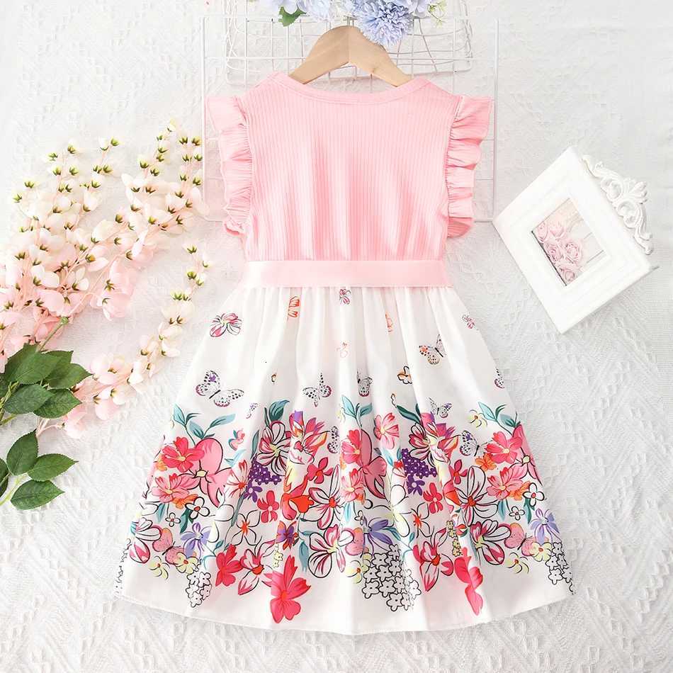 2025 Girls Summer Print Flower Spliced 2-10 Years Baby Girl Floral Princess Summer Dress with Ruffled Sleeves W250811