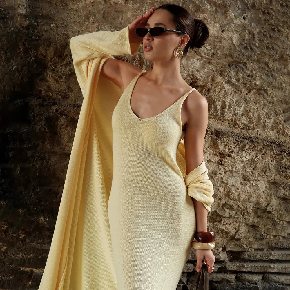 Tuularose Women Long Dress 2 Piece Solid Knitted Spaghetti Strap Dress Long Sleeve Cardigan Set Casual Fashion Female Dress Set 250811