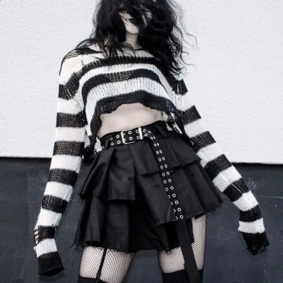 Karrram Punk Gothic Sweater Emo Tops E-girls Mall Goth Pullovers Y2k Harajuku Grunge Clothes Alt Dark Aesthetic Striped Jumpers 250811
