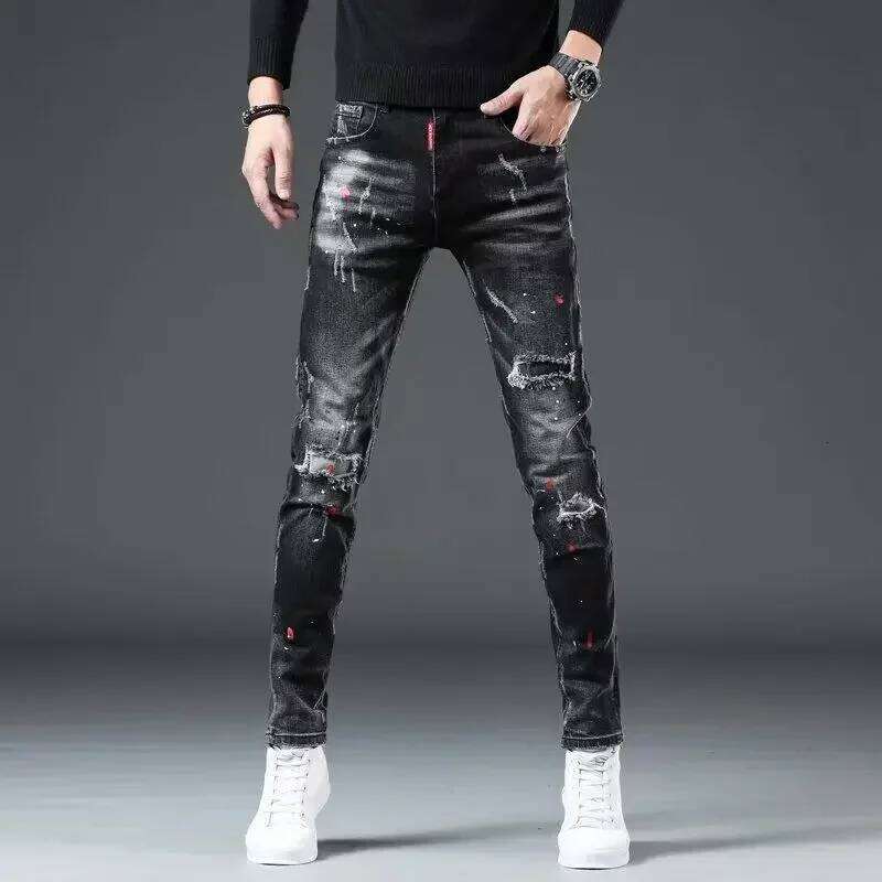 Trousers Ripped Torn Patch Man Cowboy Pants Slim Fit with Holes Men's Jeans Tight Pipe Skinny Broken 2024 Korean Autumn Goth Xs