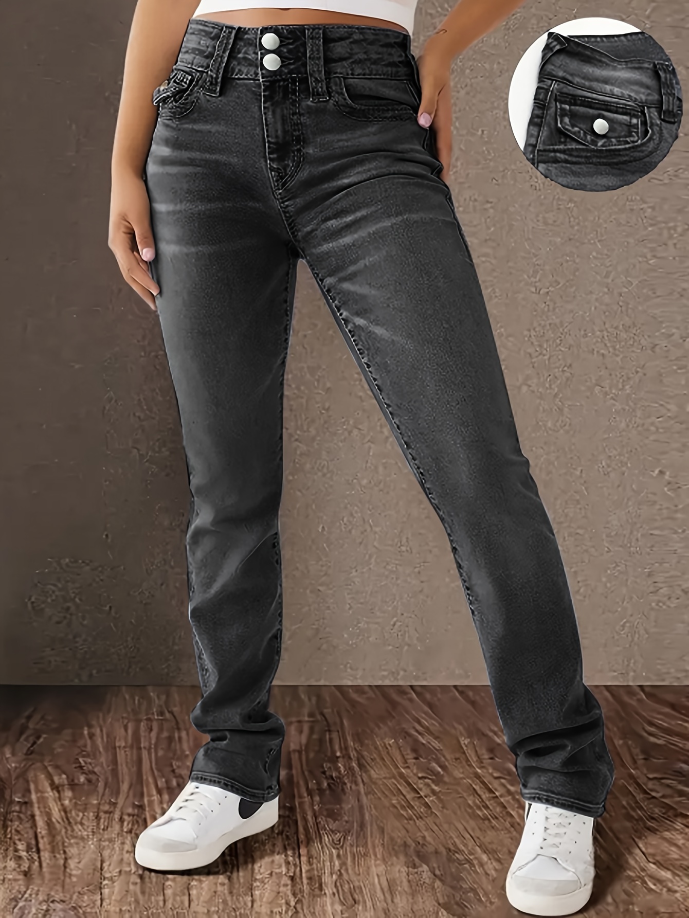 Women's Jeans Elegant High-Rise Jeanwear Featuring Reinforced Belt Loops Durable Stretch Fabric Ideal For Everyday Wear by Ladies