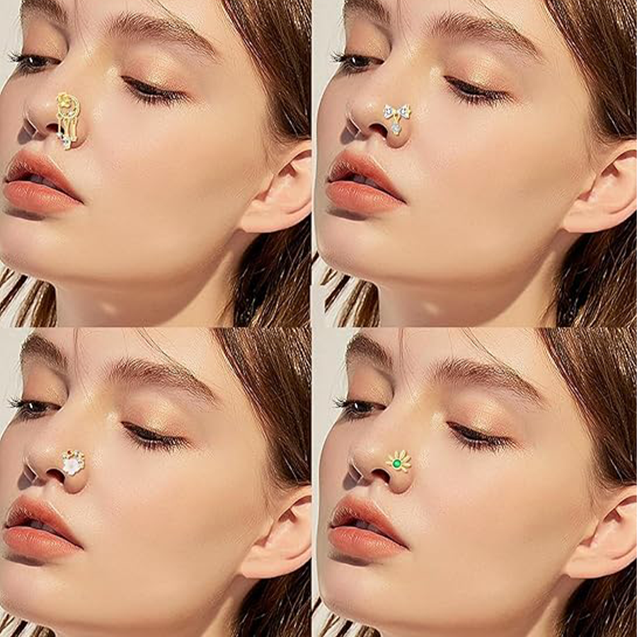 16Pcs 20G Nose Rings L Shaped Nose Studs for Women Stainless Steel Heart Snake Flower Bowknot CZ Butterfly Moon Dangle Nose Stud Ring Body Piercing Je