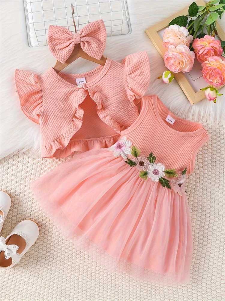 2024 Newborn Baby Girls Dress Summer Waist Flower Vest Sleeveless Short Top Sweet Girl Lace Mesh Dress W250811