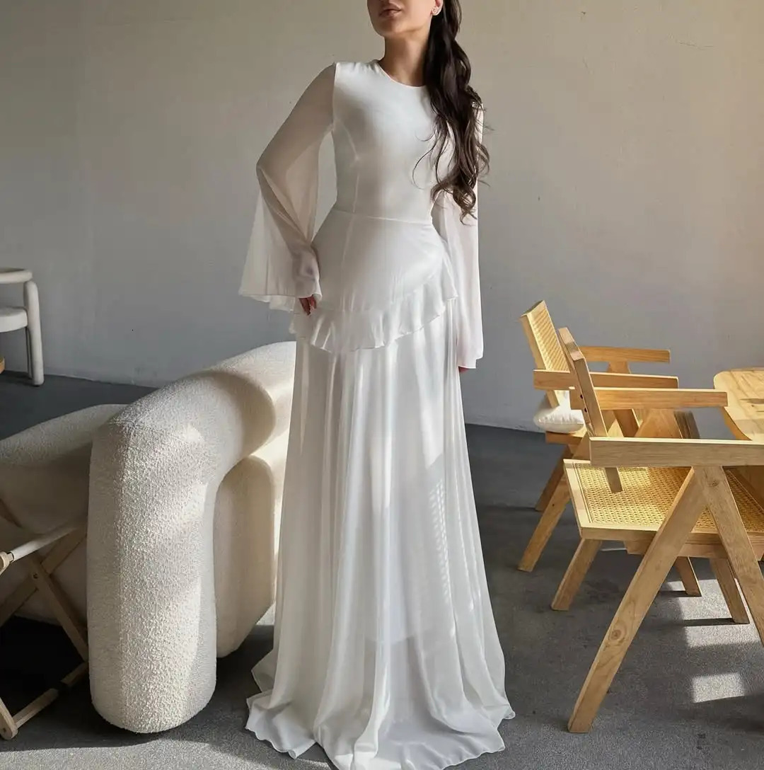 Summer Ruffles Flowy Scoop Prom Dress Saudi Arabia n Long Sleeves Tulle Evening Wedding Formal Party Gown Elegant 250811