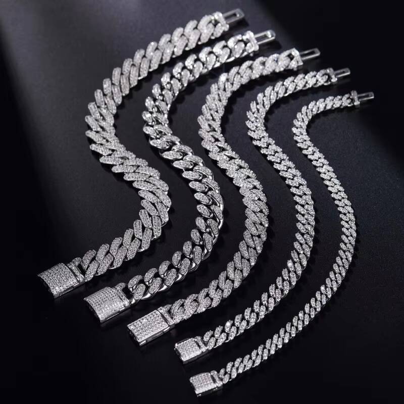 Qianjian Hip Hop Rapper Jewelry 14MM Moissanite Diamond Chain 925 Sterling Silver Moissanite Cuban Bracelet Link Chain for Men