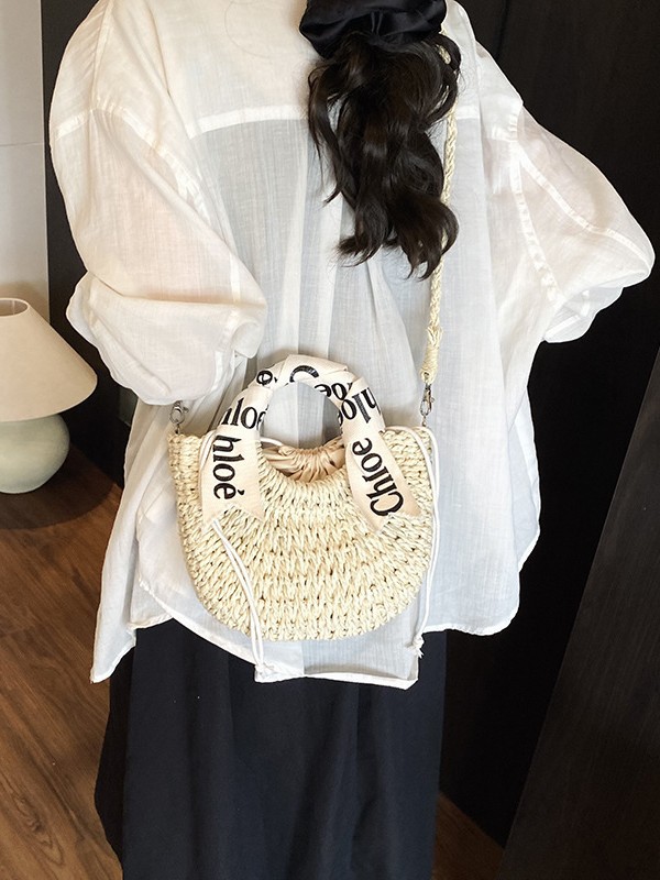 2025 New Design Woven Bag for Women - Fashionable Lettered Straps - Handheld Woven Shoulder Bag for Beach Vacation and Sand Beach Use