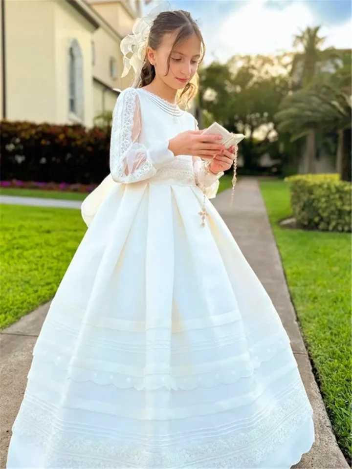 Elegant Long-sleeved Tulle Lace Printing Flower Girl Dress Princess Ball First Communion Dresses Kids Surprise Birthday Present W250811