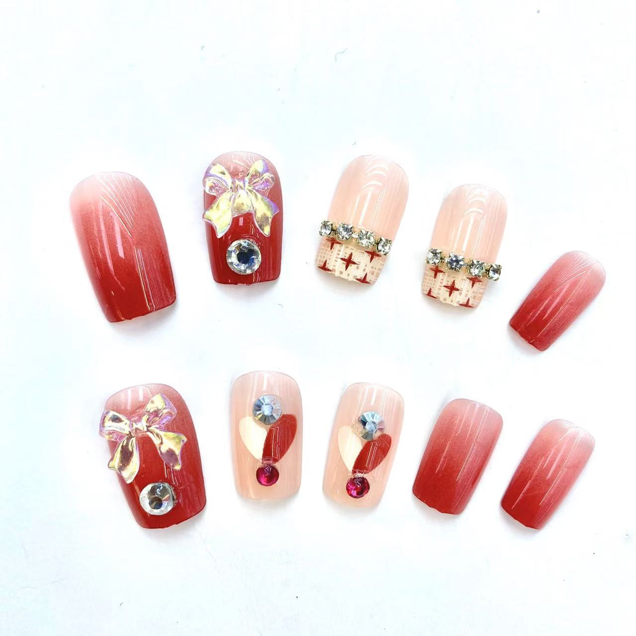 Fake Nails 10pcs Short Square Red Ombre Nude Pink 3D Bow Rhinestone Heart Cross-Stitch Detachable Full Cover Press On DIY Handmade press on nails