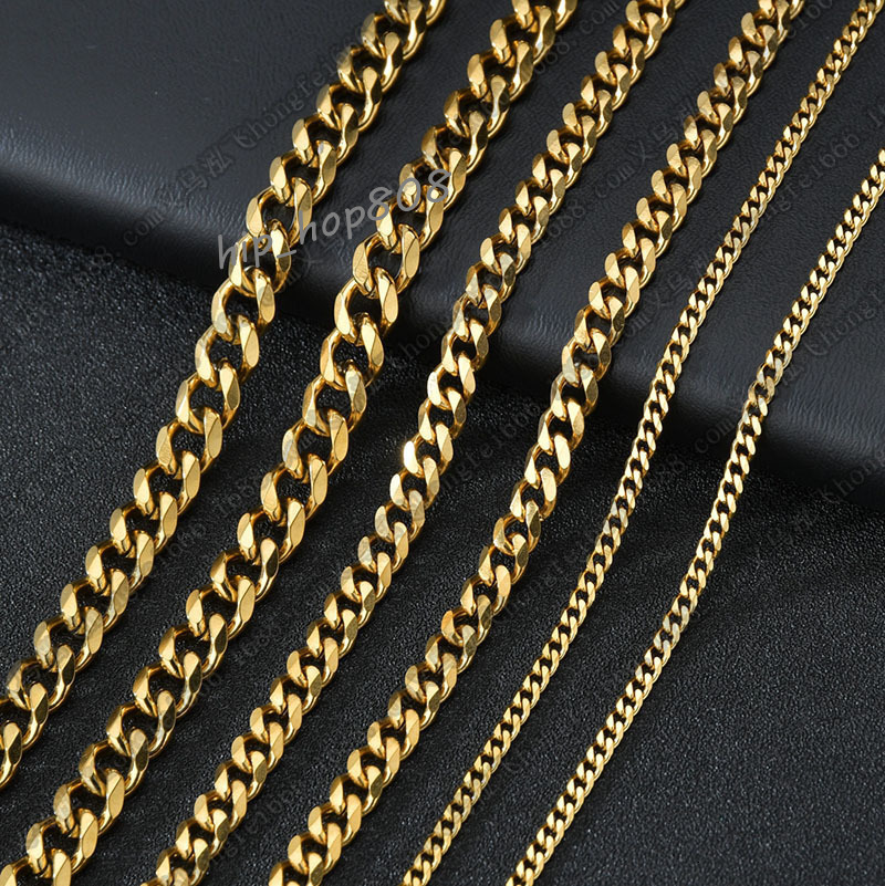 gold plated necklaces Tone Solid Metal Collar Basic Punk Carved Stainless Steel Curb Link Cuban Chain Necklace