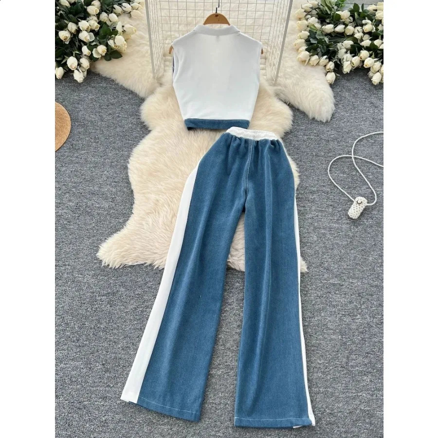 Jeans 2 Piece Set Women Streetwear Outfits Denim Vest Sleeveless Single Breasted Distressed Wide Leg Pants Casual Ensemble 250806