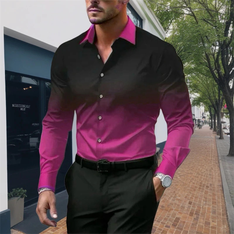 Mens Long Sleeve Men's long shirt with gradient color digital print casual slim lapel long-sleeved shirt thin men's shirt European code: S-3