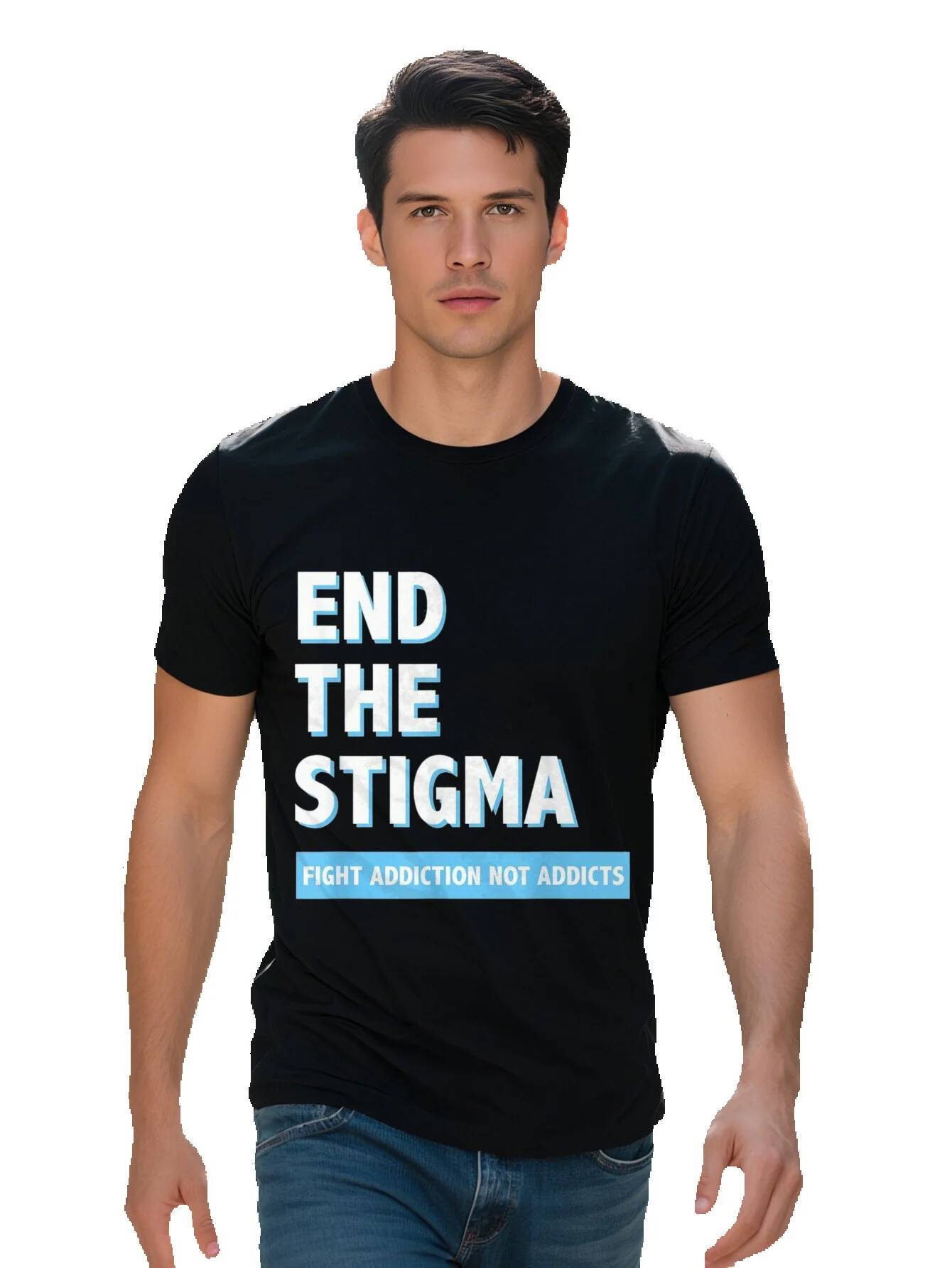 End The Stigma Awareness T Shirt g Cotton Black with Bold Blue Lettering Short Sleeve Round Neck Casual f1be1 f7b4e