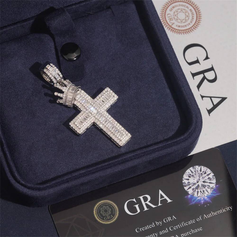 Moissminer VVS Moissanite Crown Cross Pendant Necklaces For Men Women Pass Tester S925 Silver Chain Hip Hop Jewelry With GRA