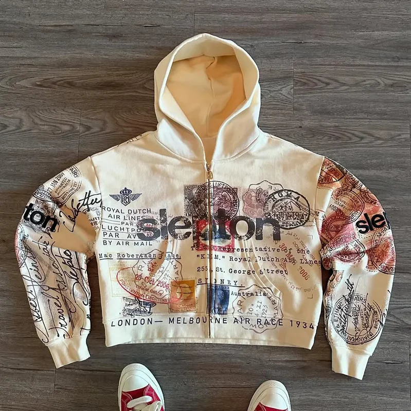 Sweatshirt Jacket Zipper Hoodie Apricot Print Letters Cartoon Fashion Multifunctional Retro Y2K High Street Mens and Womens 250808