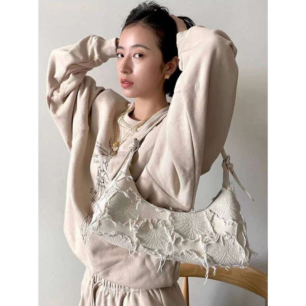 Celebrity Same Style Ins Blogger Baguette ing Canvas Patch Tassel Retro Single Shoulder Armpit Bag for Women