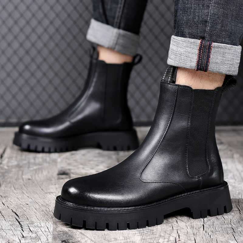 Brand Classic Black High Top Boots Men High Heel Genuine Leather Ankle Chelsea Boots Men British Style Thick Sole Mid Top Boots W250811
