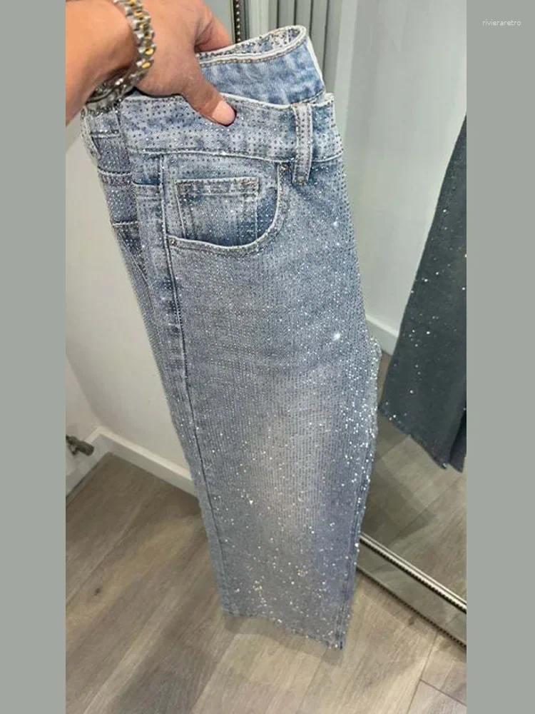 Women's Jeans Sparkling Women Slight Blue All-Over Rhinestone Denim Full s Pants High Waist Straight Luxury Casual Daily Trousers Z260313