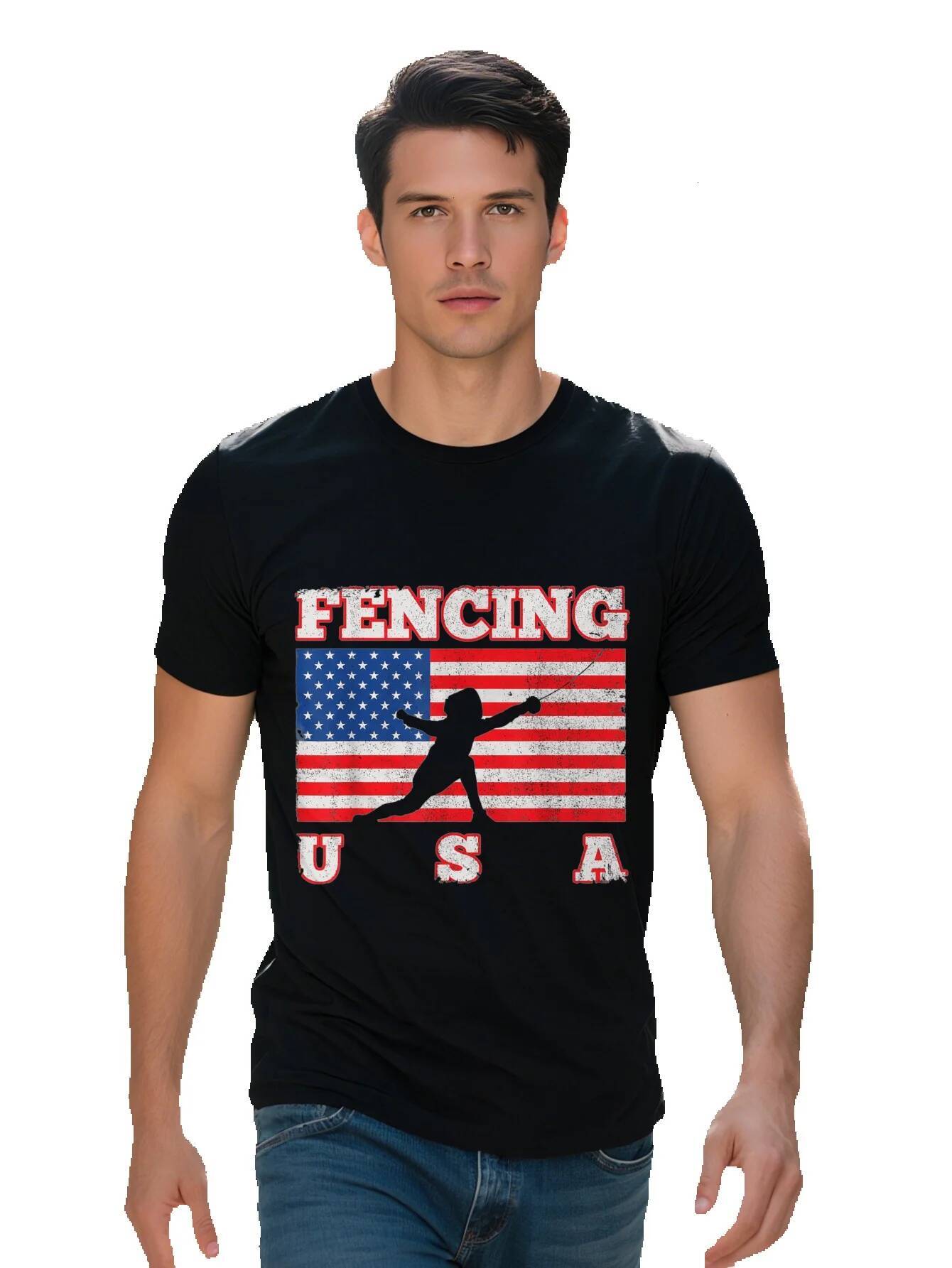 Men s Distressed American Flag Fencing Graphic T Shirt Cotton Short Sleeve Tee with Patriotic Swordsman 85af9 ee51b