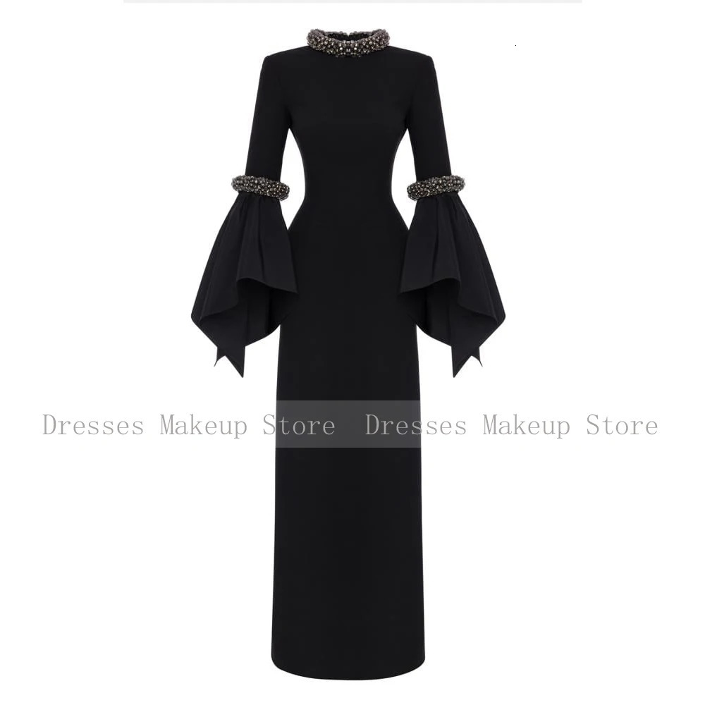 Black Evening Dress Long Sleeves Beading High Collar Modern Gowns for Women Floor Length Column Formal Party 250811