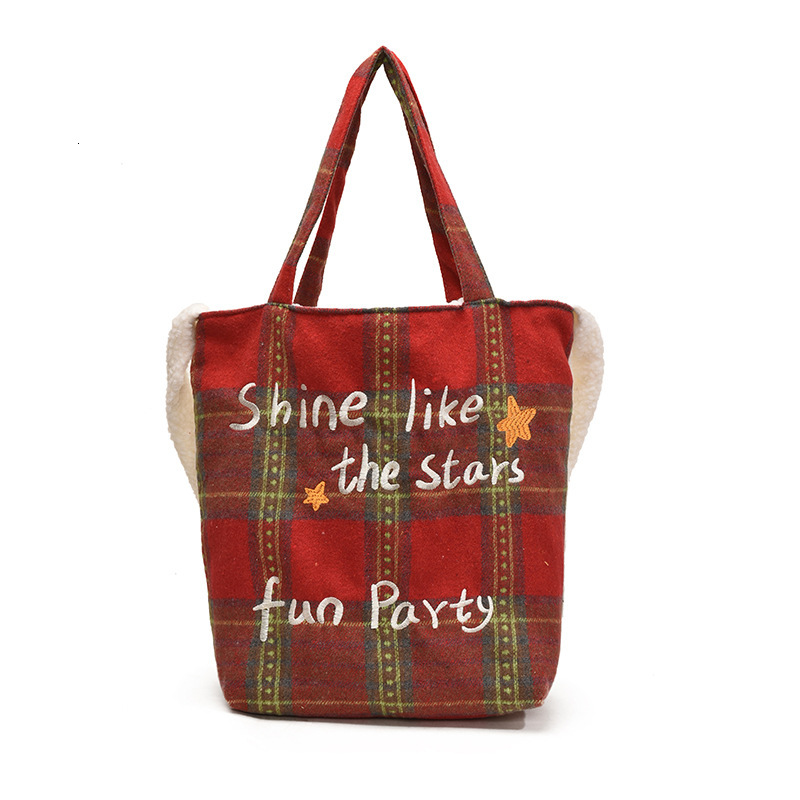 Christmas Red Plaid Lamb Wool Patchwork Autumn Winter Handbag Crossbody Large Capacity Tote Student Reversible Shoulder Bag