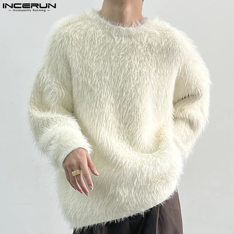 INCERUN Tops Korean Style Handsome Mens Loose Faux Plush Fabric Pullover Casual Streetwear Solid Long Sleeved Sweater S-5XL 250805